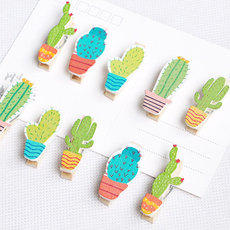 10pcs Cactus Wooden Photo Clip With Rope Paper