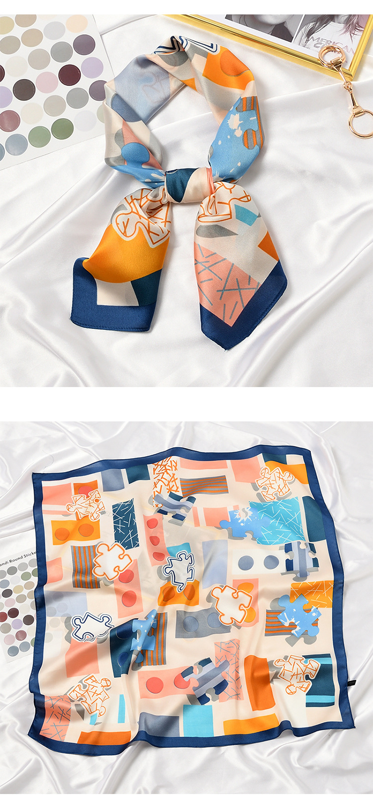 Elegant Puzzle Print Square Women Scarf Bandana Hairband - Image 2