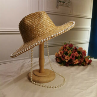 New French Vintage Jazz Straw Sun Hat with Pearl Chain