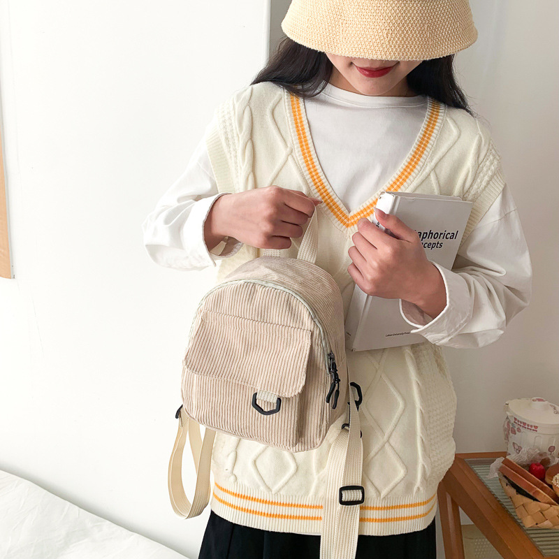 Mini Backpack Solid Color Corduroy Simple - Image 5