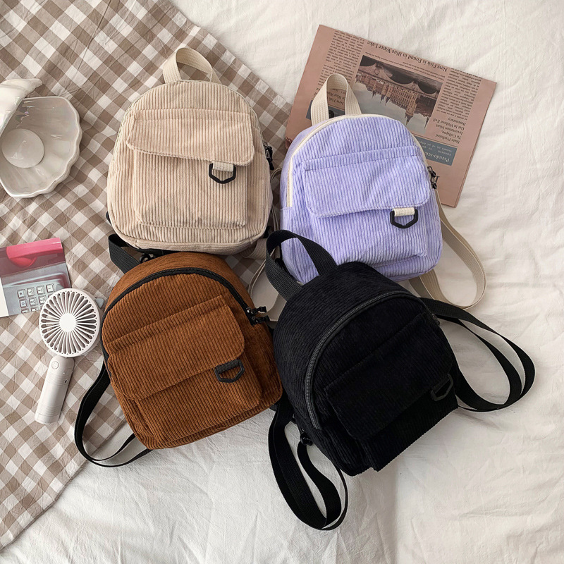 Mini Backpack Solid Color Corduroy Simple