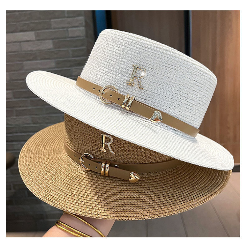 New Metal R Letter Buckle Straw Vintage Hat