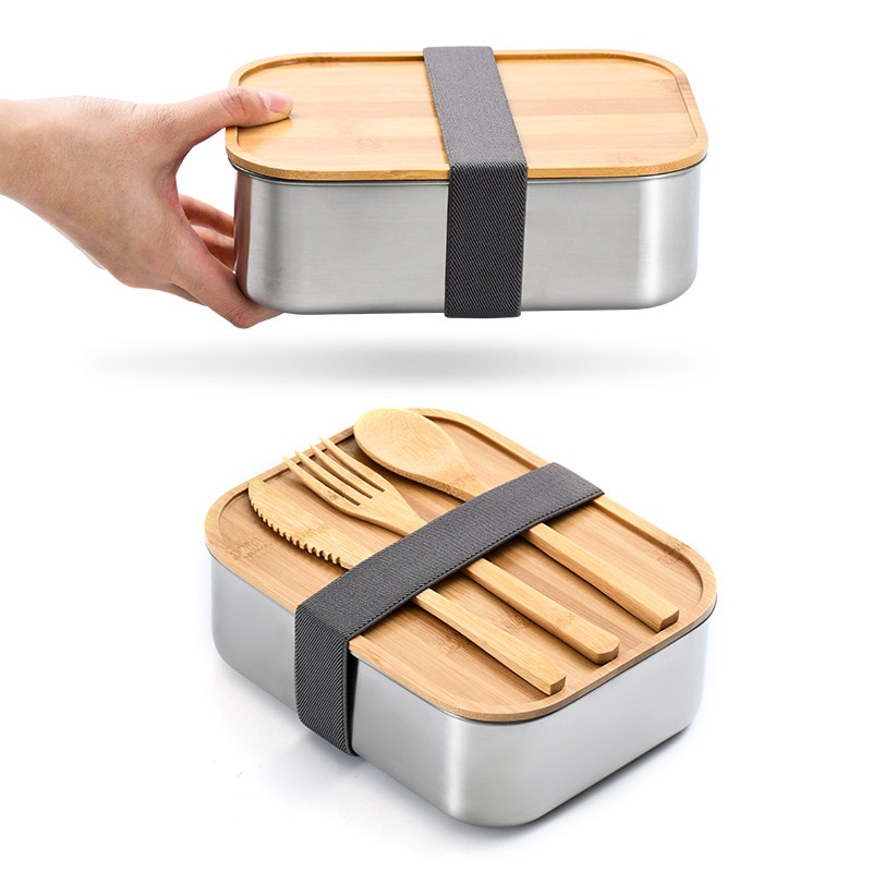 Stainless Steel with Bamboo Wooden Cover Lunch Box - Image 2