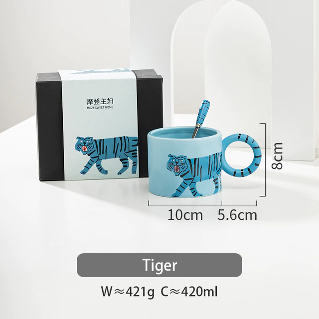 Cartoon Animal Ceramic Mug With Spoon, Blue Tiger - Image 2