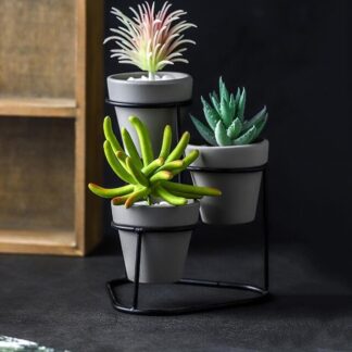3Pcs Mini Ceramic Succulent Plant Pot Flower Pot Planter Metal Stand Set, Gray