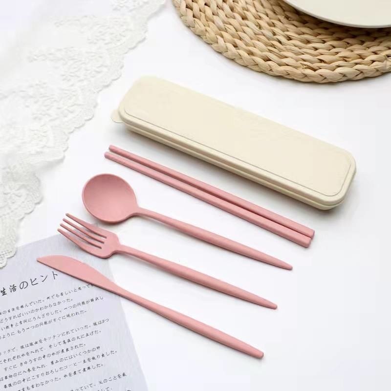 4PCS/Set Cutlery Wheat Straw Spoon Fork Chopsticks With Box - Image 5