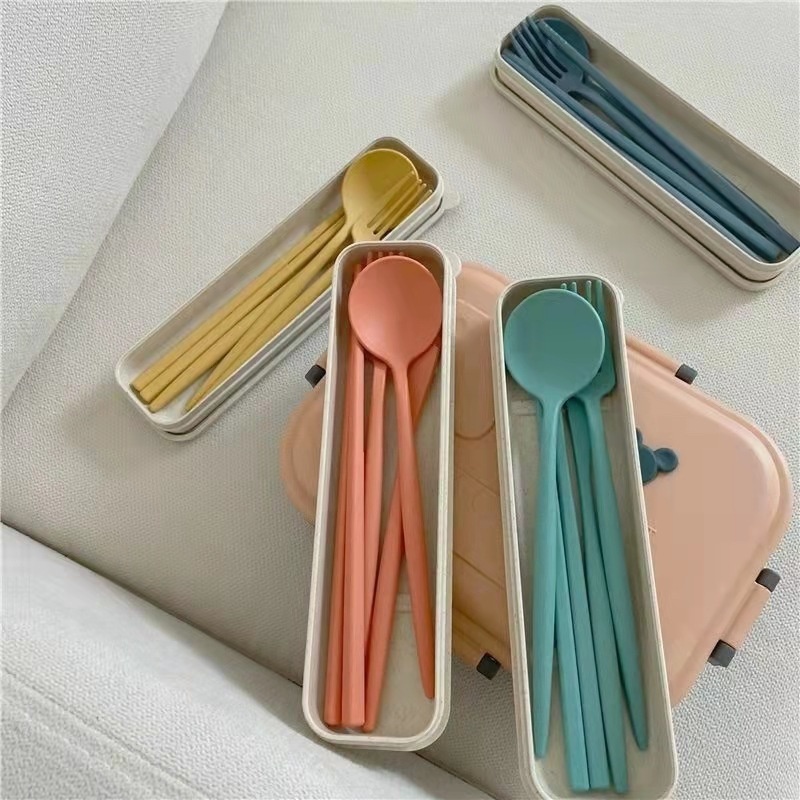 4PCS/Set Cutlery Wheat Straw Spoon Fork Chopsticks With Box