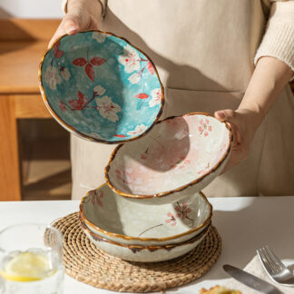 7.5inch Japanese Flowers Ceramic Bowl Heat Resistant