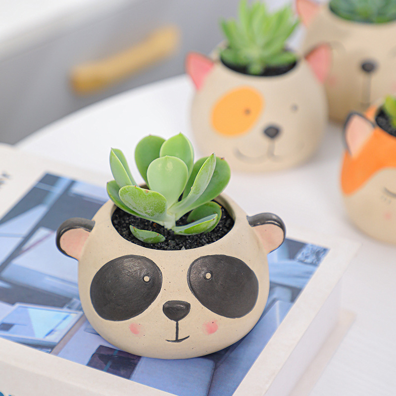 Antique Matte Ceramic Mini Panda Flower Pot