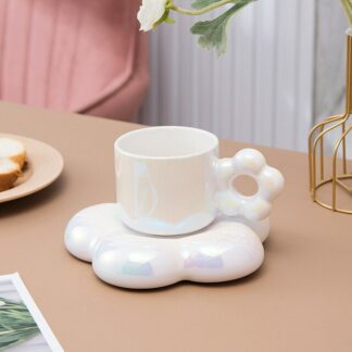 Beautiful Flower Shape Pearl White Ceramic Cup and Saucer