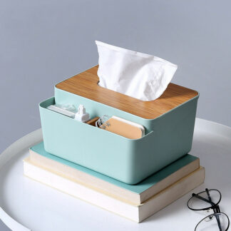 Green Tissue Paper Storage Organizer Box With Wooden Lid