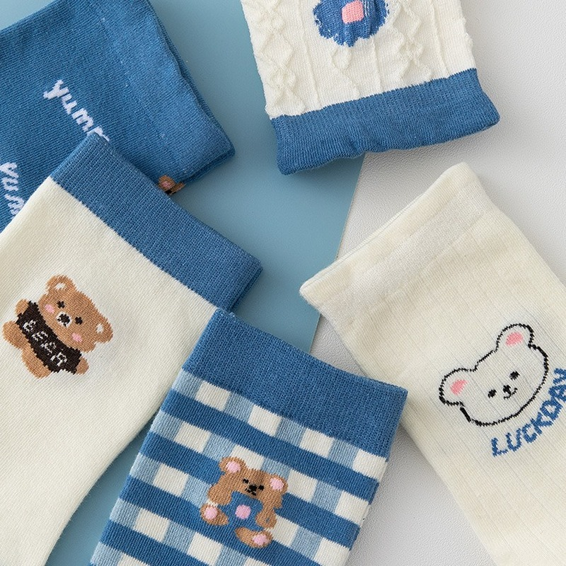 Cartoon Cute Bear Blue Plaid Socks - Image 4