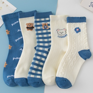 Cartoon Cute Bear Blue Plaid Socks