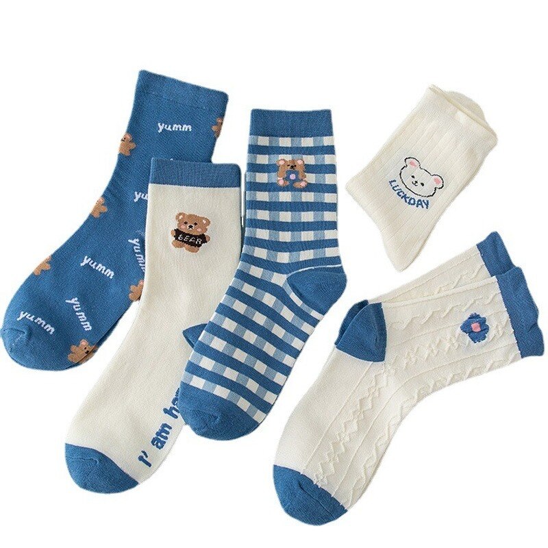 Cartoon Cute Bear Blue Plaid Socks - Image 5