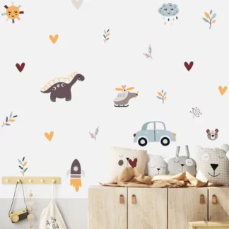 Cartoon Dinosaur Airplane Car Leaf Heart Wall Sticker