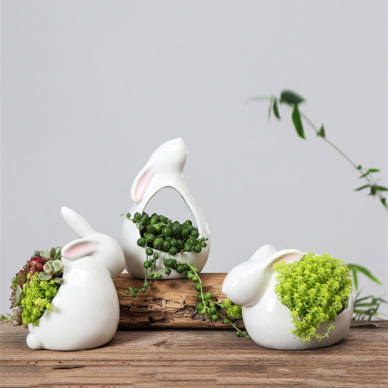 3 PCS Ceramic Cartoon Rabbits Flowerpot For Succulents