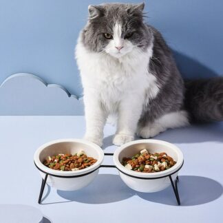 Cat Ceramic Double Food Water Bowls Black Stand