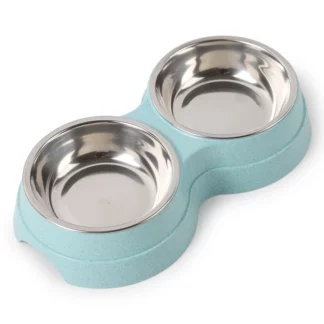 Double Pet Bowls Dog Food Water Feeder Blue