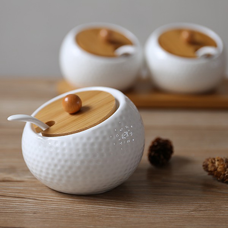 Ceramic Condiment Seasoning Pot Bamboo Tray Storage Jar - Image 4