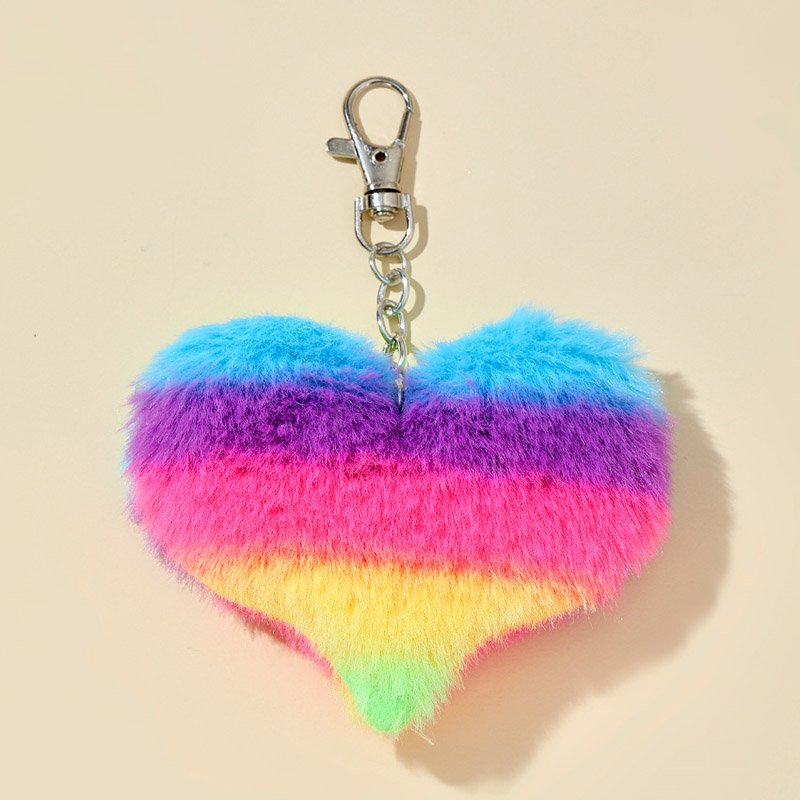 Fluffy Rainbow Heart Color Pom Pom Keychains - Image 2