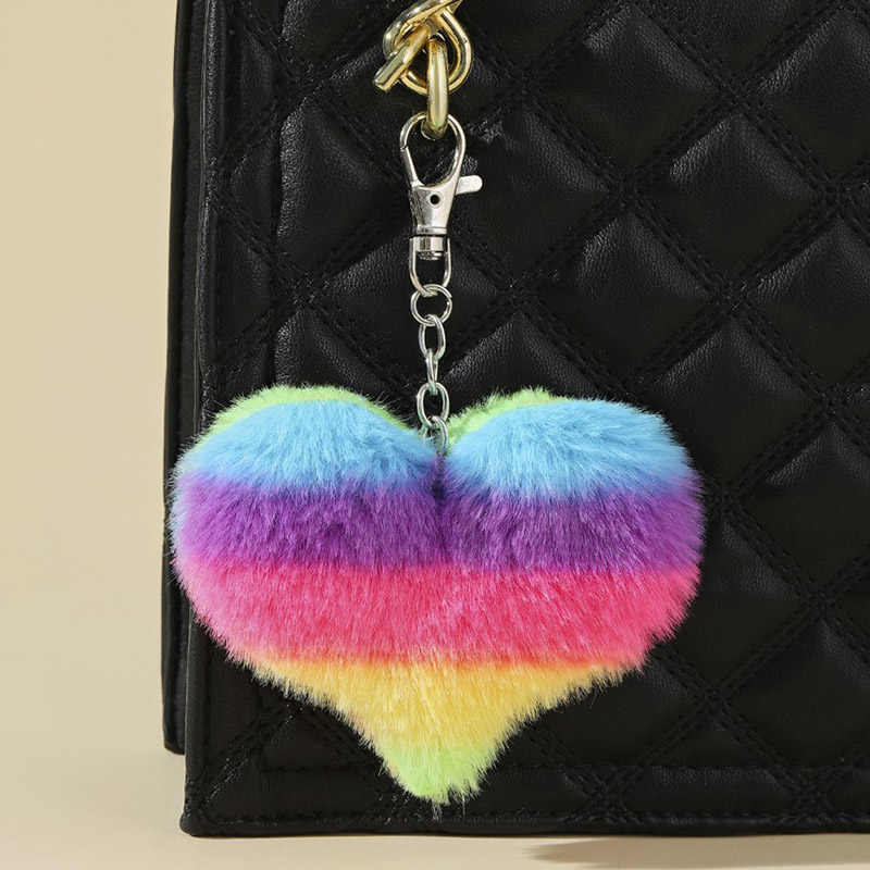 Fluffy Rainbow Heart Color Pom Pom Keychains - Image 3