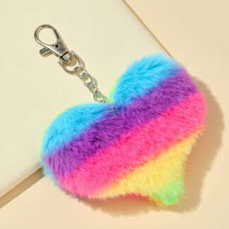 Fluffy Rainbow Heart Color Pom Pom Keychains