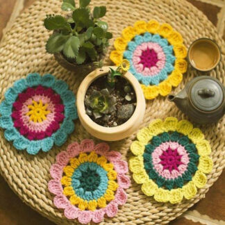 Colorful Flower Round Cotton Crochet Cup Coaster