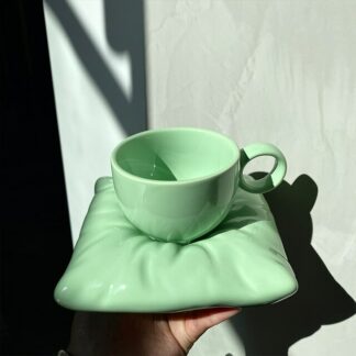 Creative Pillow Pattern Ceramic Cups With Saucers, Green