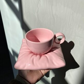 Creative Pillow Pattern Ceramic Cups With Saucers, Pink