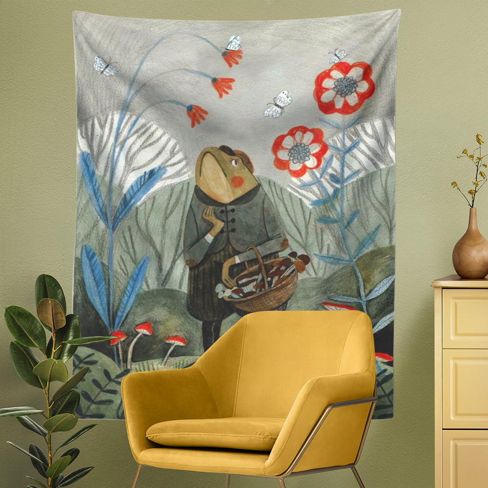 Cute Cartoon Frog Mushroom Tapestry Wall Hanging - Image 3