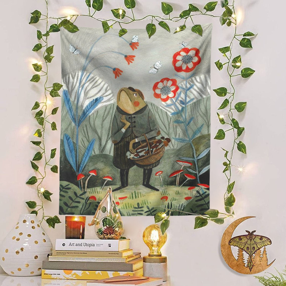 Cute Cartoon Frog Mushroom Tapestry Wall Hanging - Image 4