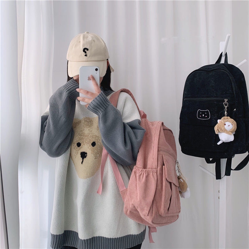 Cute Corduroy Women Backpack Solid Color, Pink - Image 2