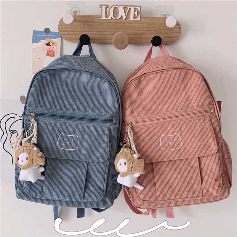 Cute Corduroy Women Backpack Solid Color, Pink - Image 3