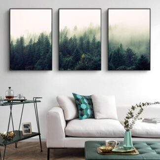 Forest Fog Realistic Landscape Hand-painted Wall Art, Set Of 3
