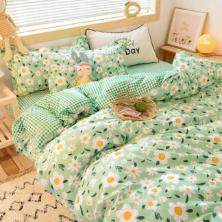 Green Floral Duvet Cover Set, Twin Size