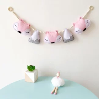 Fox Cartoon Wooden Beads String Wall Hanging, Pink