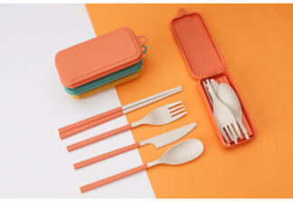 4pcs Wheat Straw Portable Set Utensil Box