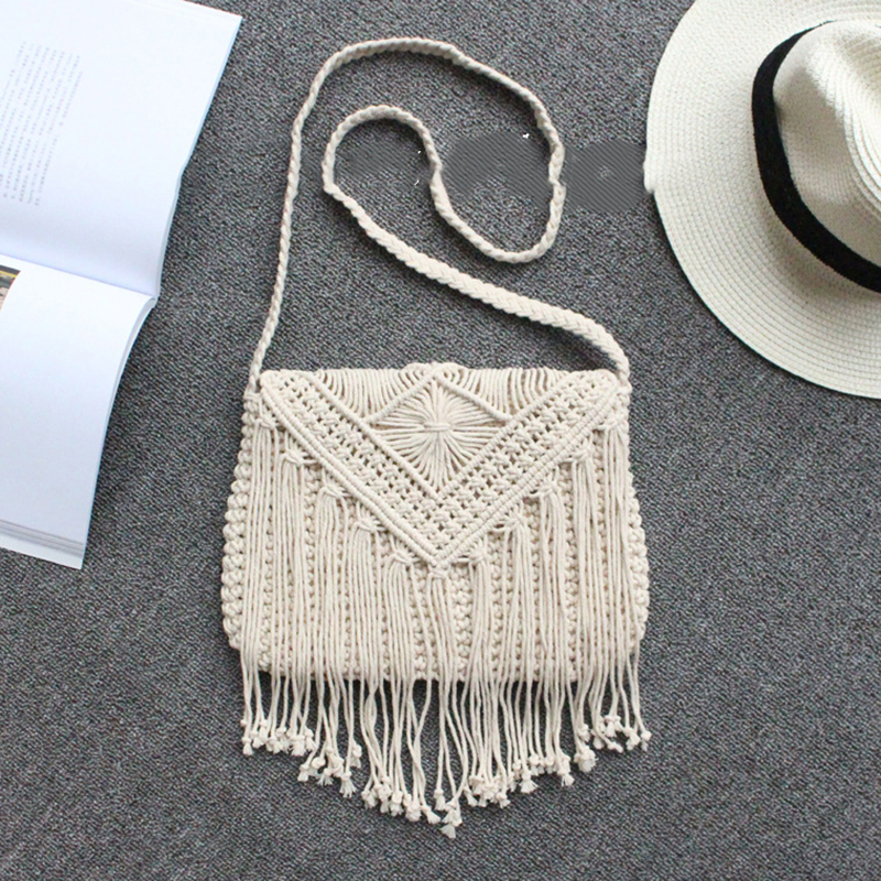 Handmade Cotton Woven Knitted Tassel Crossbody Bag - Image 6
