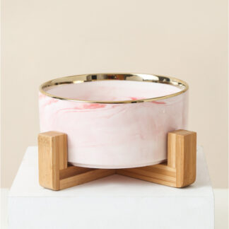 Ceramic Pet Bowl Dish With Wood Stand Pink