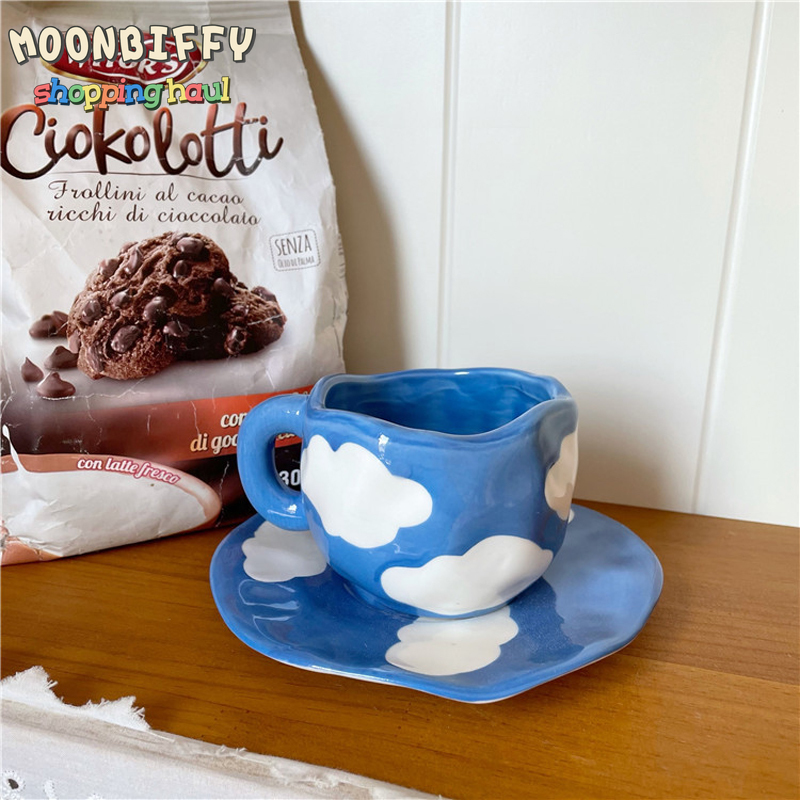 Hand Painted Blue Sky White Clouds Mug with Saucer - Image 3
