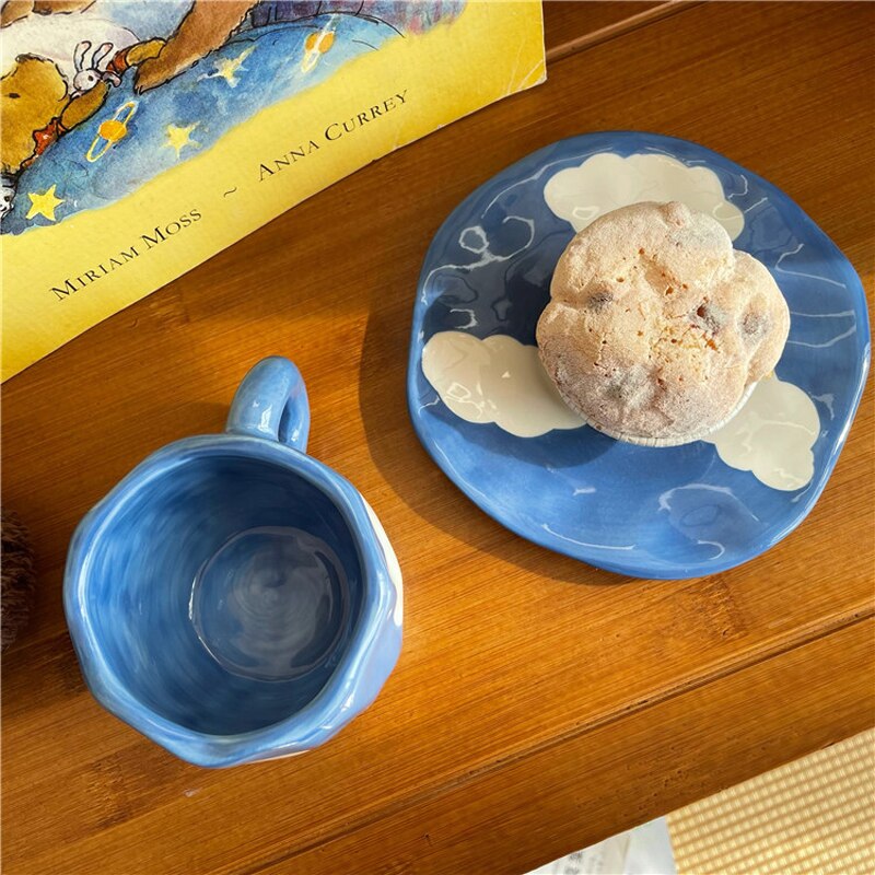 Hand Painted Blue Sky White Clouds Mug with Saucer - Image 4