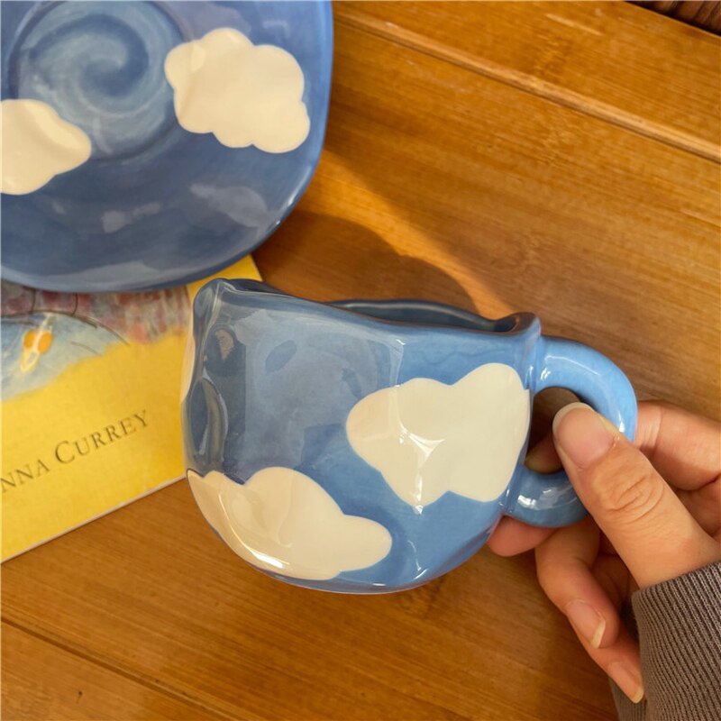 Hand Painted Blue Sky White Clouds Mug with Saucer - Image 5