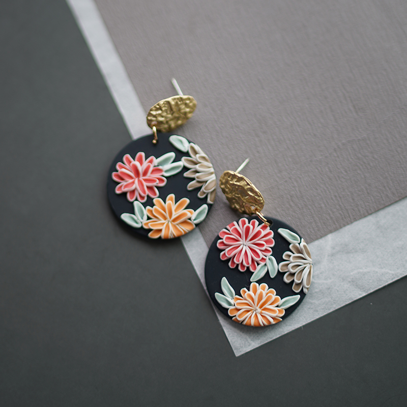 Handmade Art Floral Pattern Dark Solid Clay Earrings - Image 2
