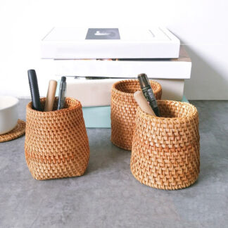 Handmade Pen Holder Rattan Stationery Container Storage Box