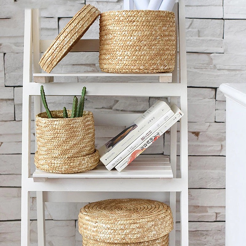 Handmade Straw Woven Storage Basket With Lid - Image 3
