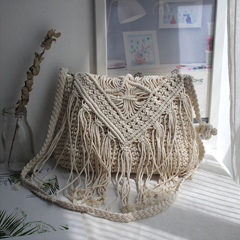 Handmade Cotton Woven Knitted Tassel Crossbody Bag - Image 4