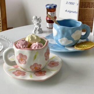 Hand Pinch Retro Ceramics Mugs with Tray, Pink