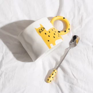 Cartoon Animal Ceramic Mug With Spoon, Yellow Cat