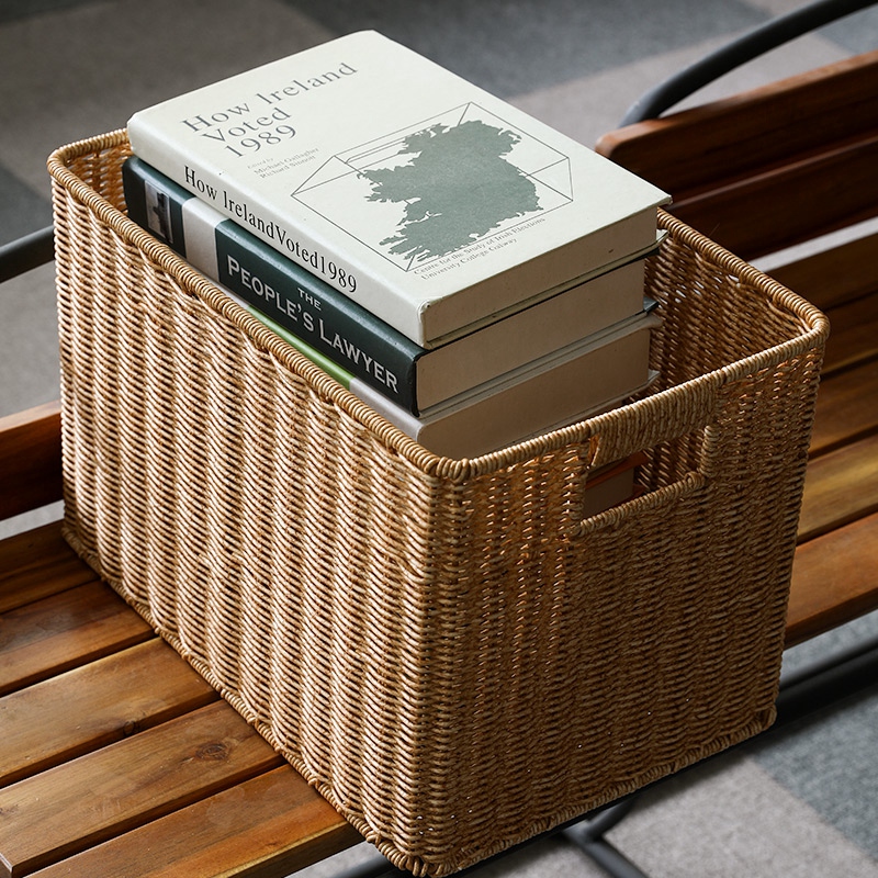 Home Woven Storage Basket Rectangular Woven Basket with Handle - Image 3