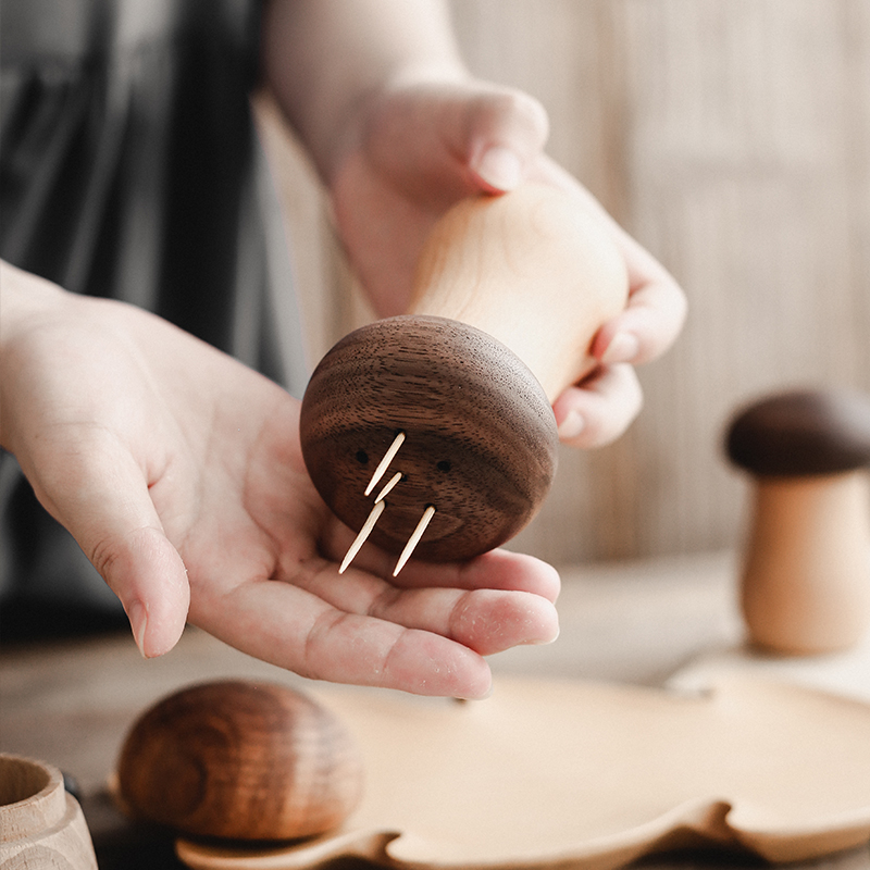 Small Mushroom Walnut Beech Wood High-End Toothpick Box - Image 4